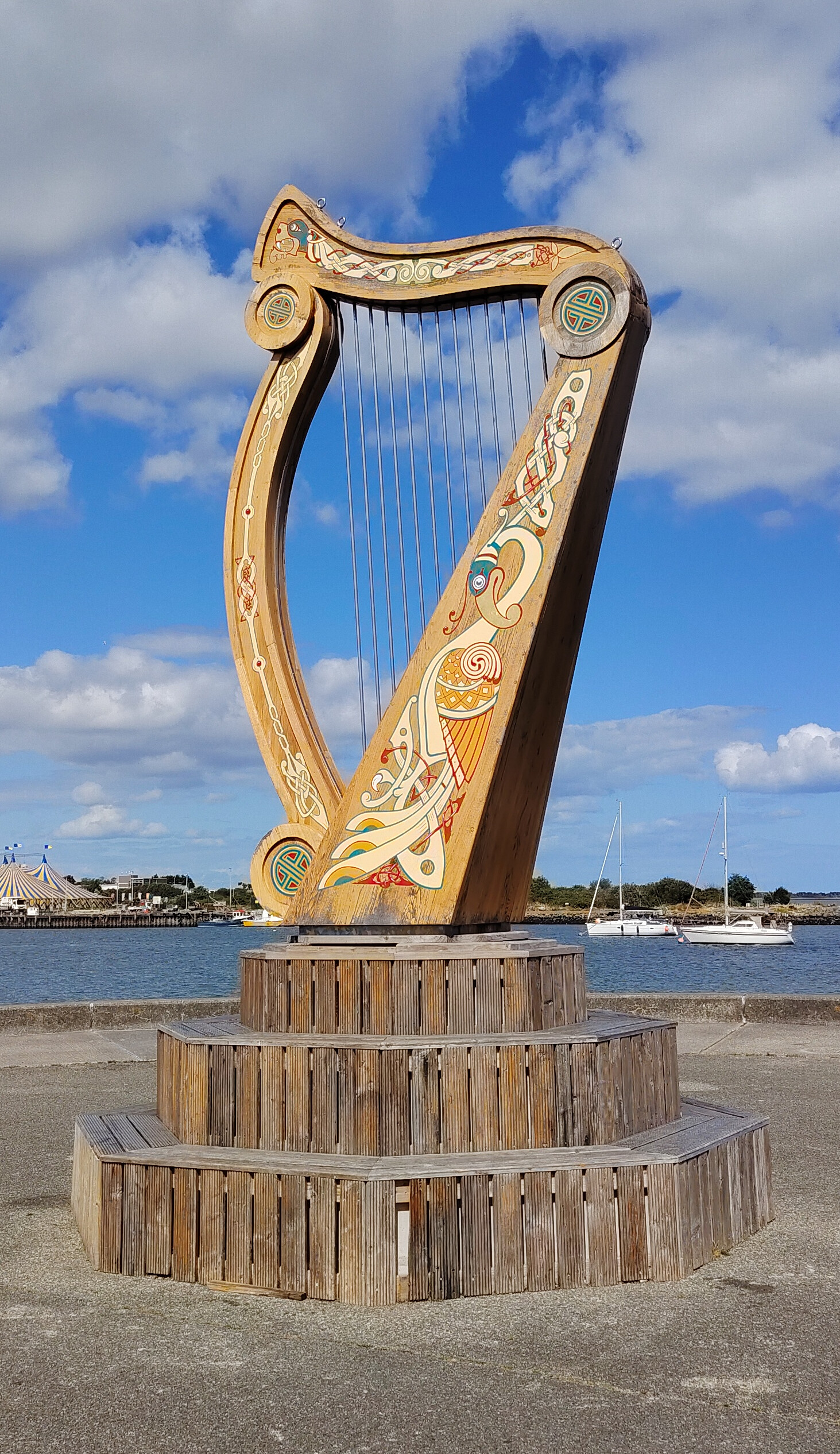 A large decorative harp sculpture installed for Fleadh Cheoil na hEireann