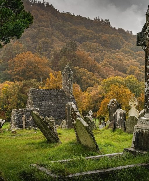 Celtic crosses and medieval church at Glendalough cemetery, County Wicklow, Ireland