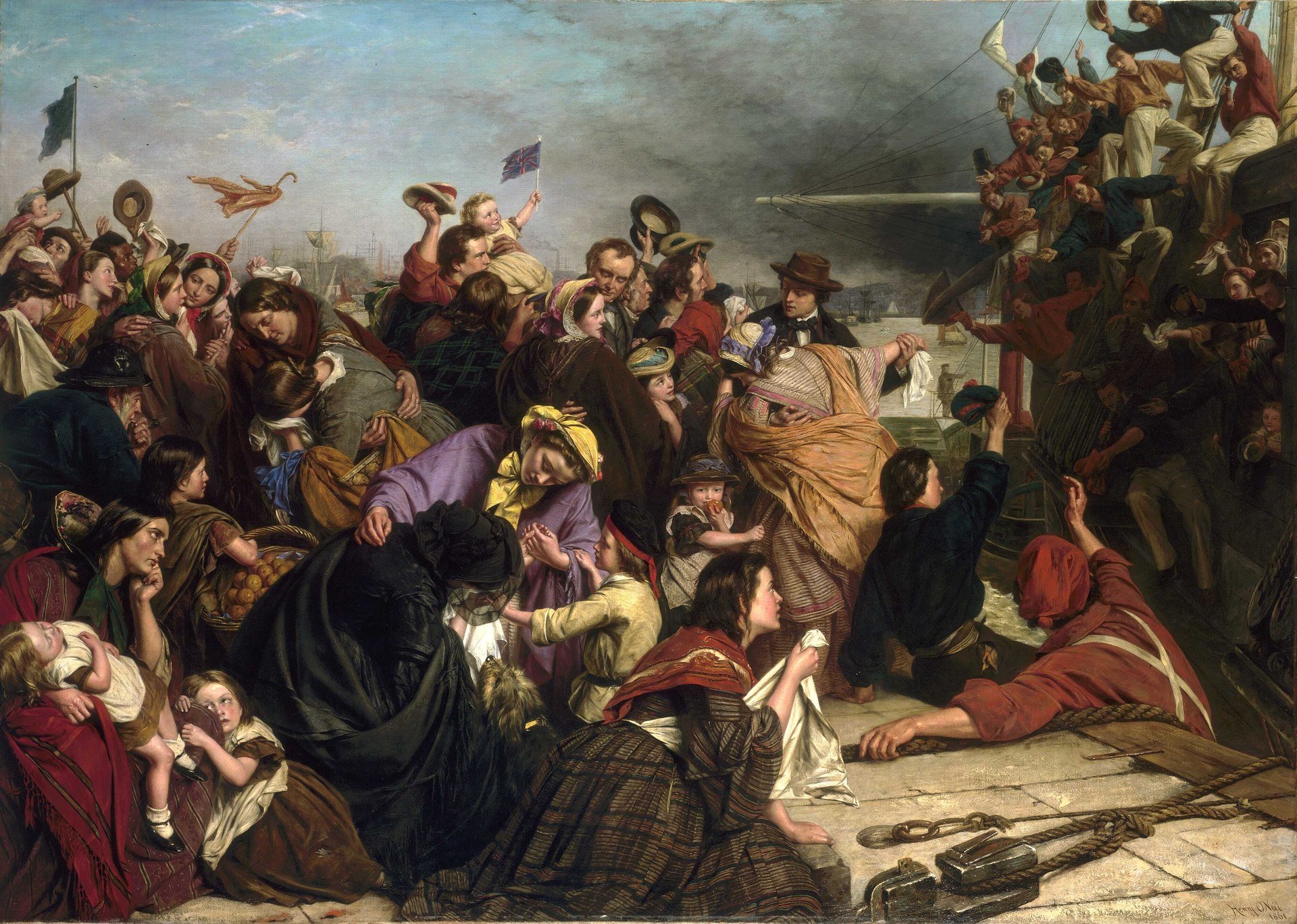 The Parting Cheer (1861) by Henry Nelson O'Neil — Irish emigrants bid a final farewell to family from the deck of an America-bound ship