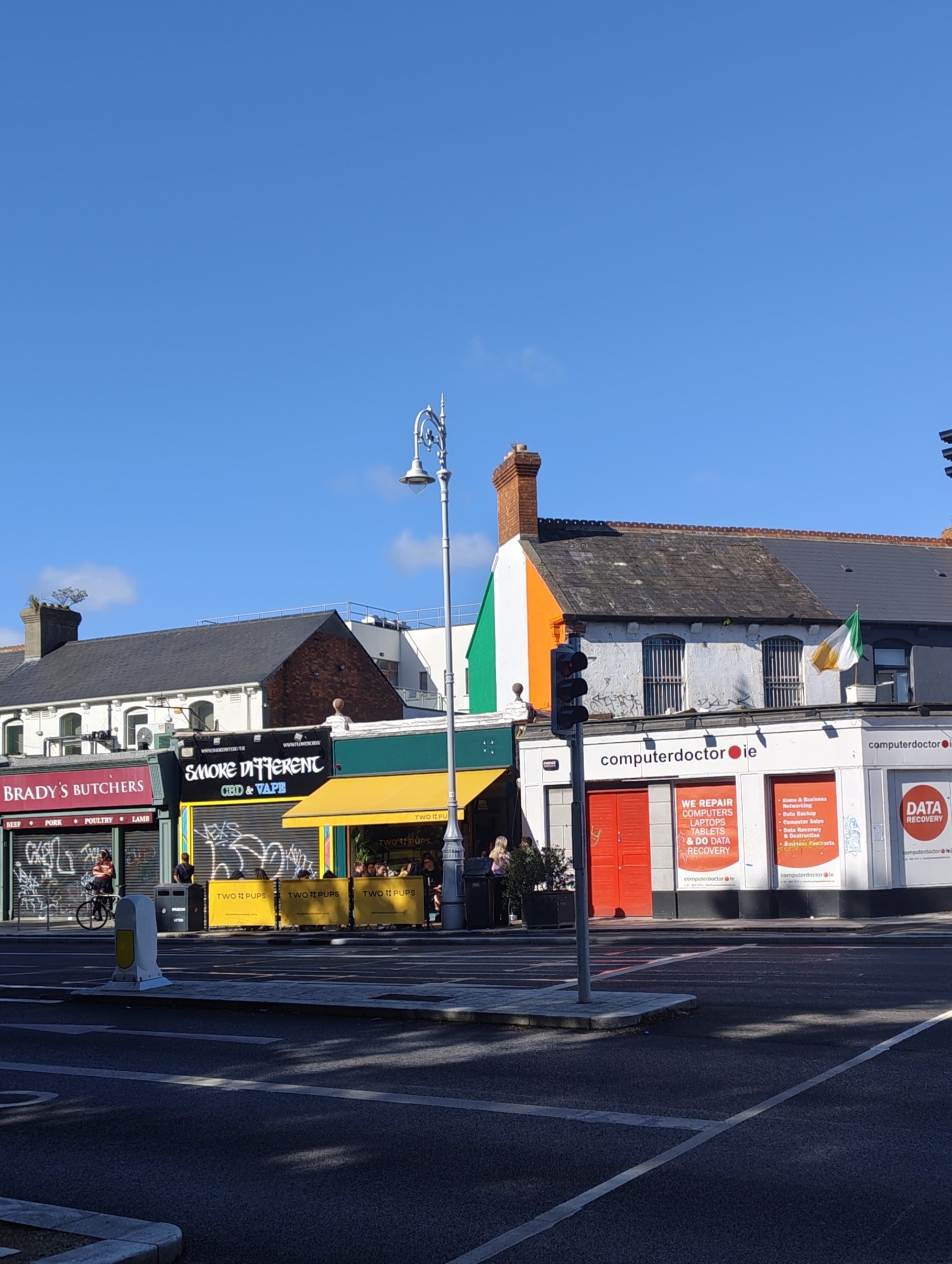 An Irish tricolour flag painted on a building gable in Fairview, Dublin