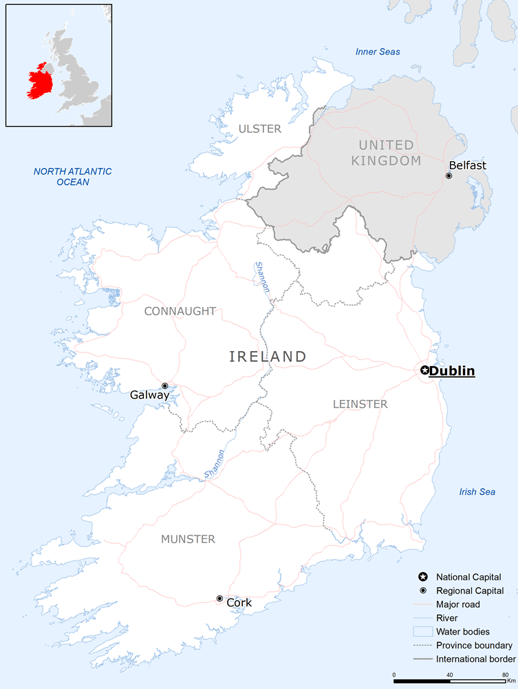 Political base map of Ireland showing its outline, the four provinces, and major cities including Dublin, Cork, and Galway