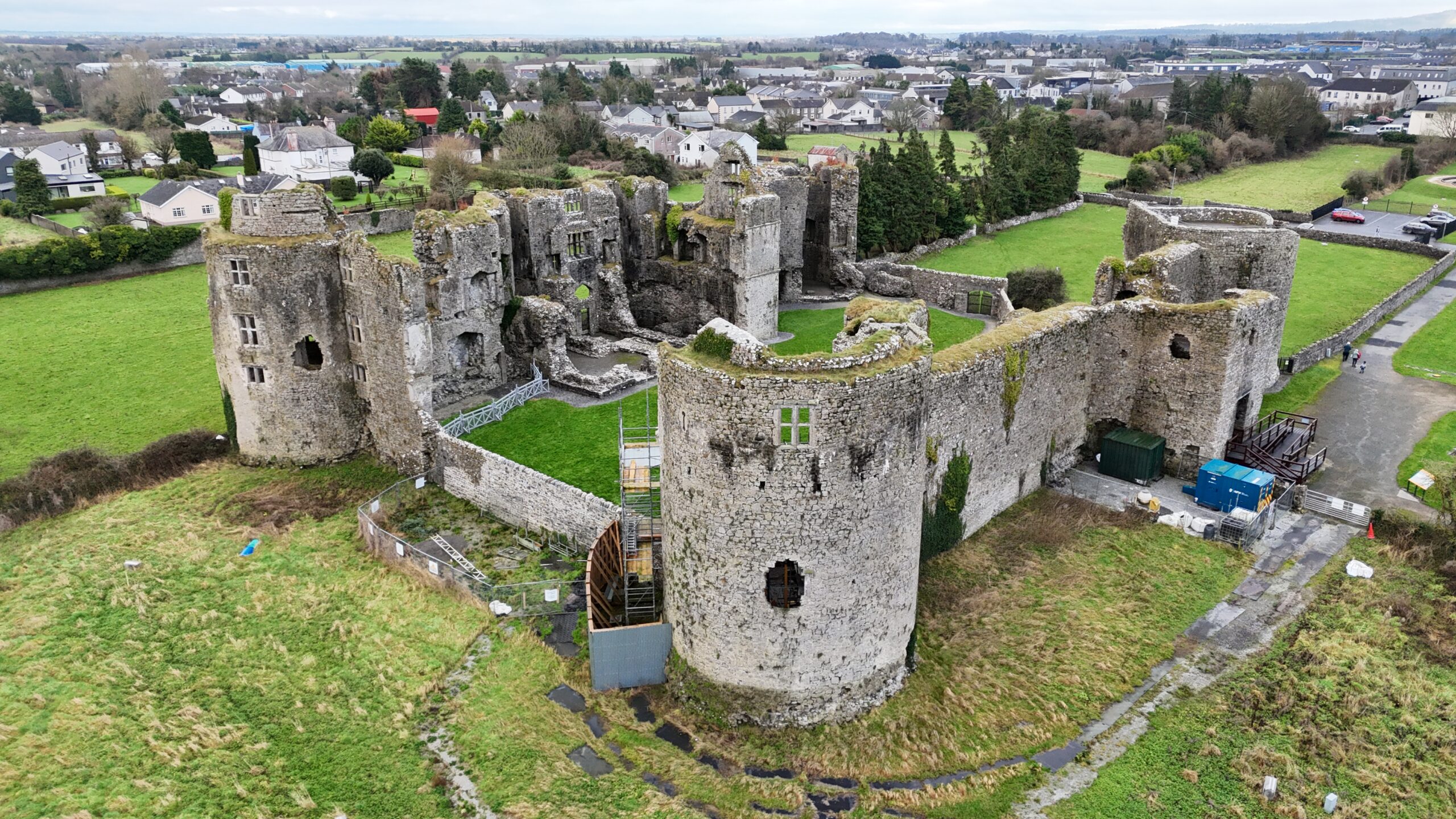 Aerial view of Roscommon Castle ruins beside its moat, County Roscommon, Ireland