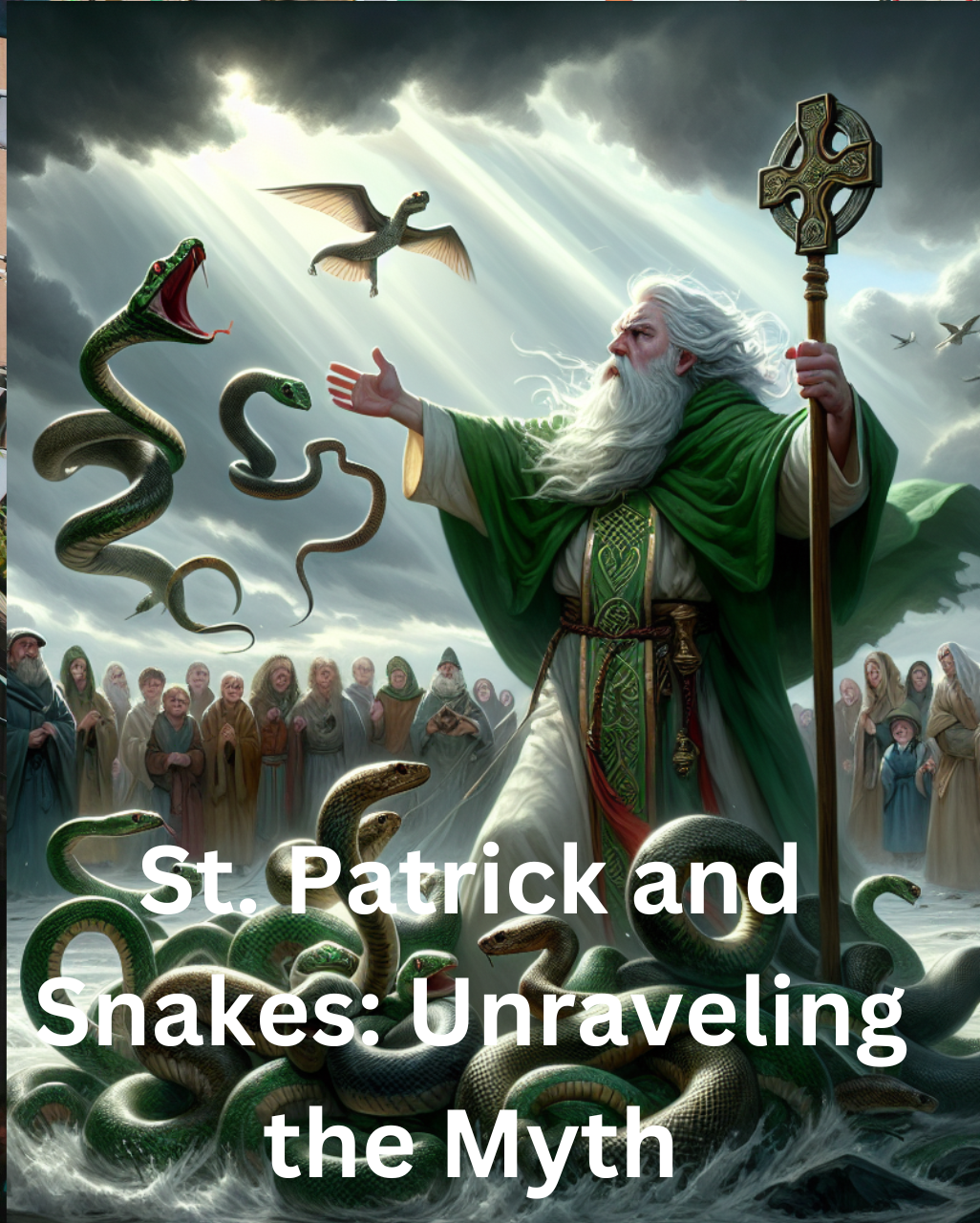 Illustration depicting the myth of St. Patrick banishing snakes from Ireland — a famous Irish legend