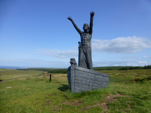 Statue of Manánnan mac Lir, the Irish sea god, rising from a boat at Gortmore viewpoint overlooking Lough Foyle, County Londonderry