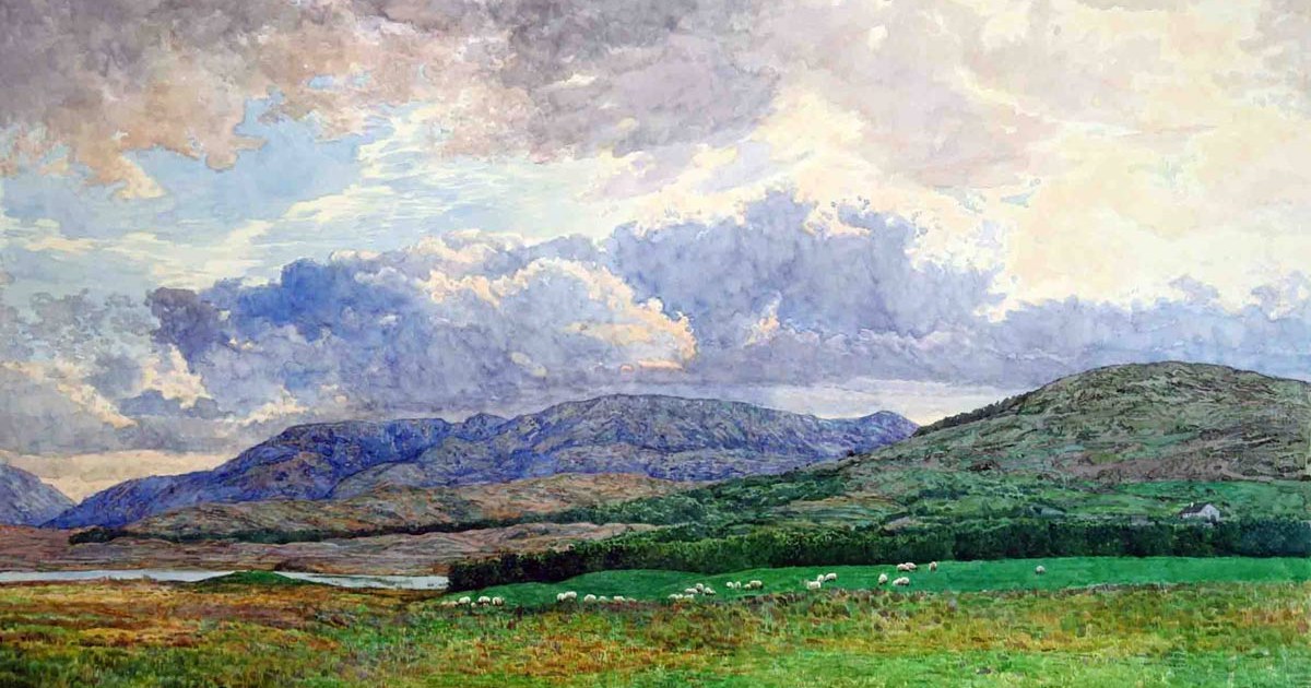 Watercolor painting of the Connemara mountains, a lake, and grazing sheep under a cloudy sky, by Simon Kozhin