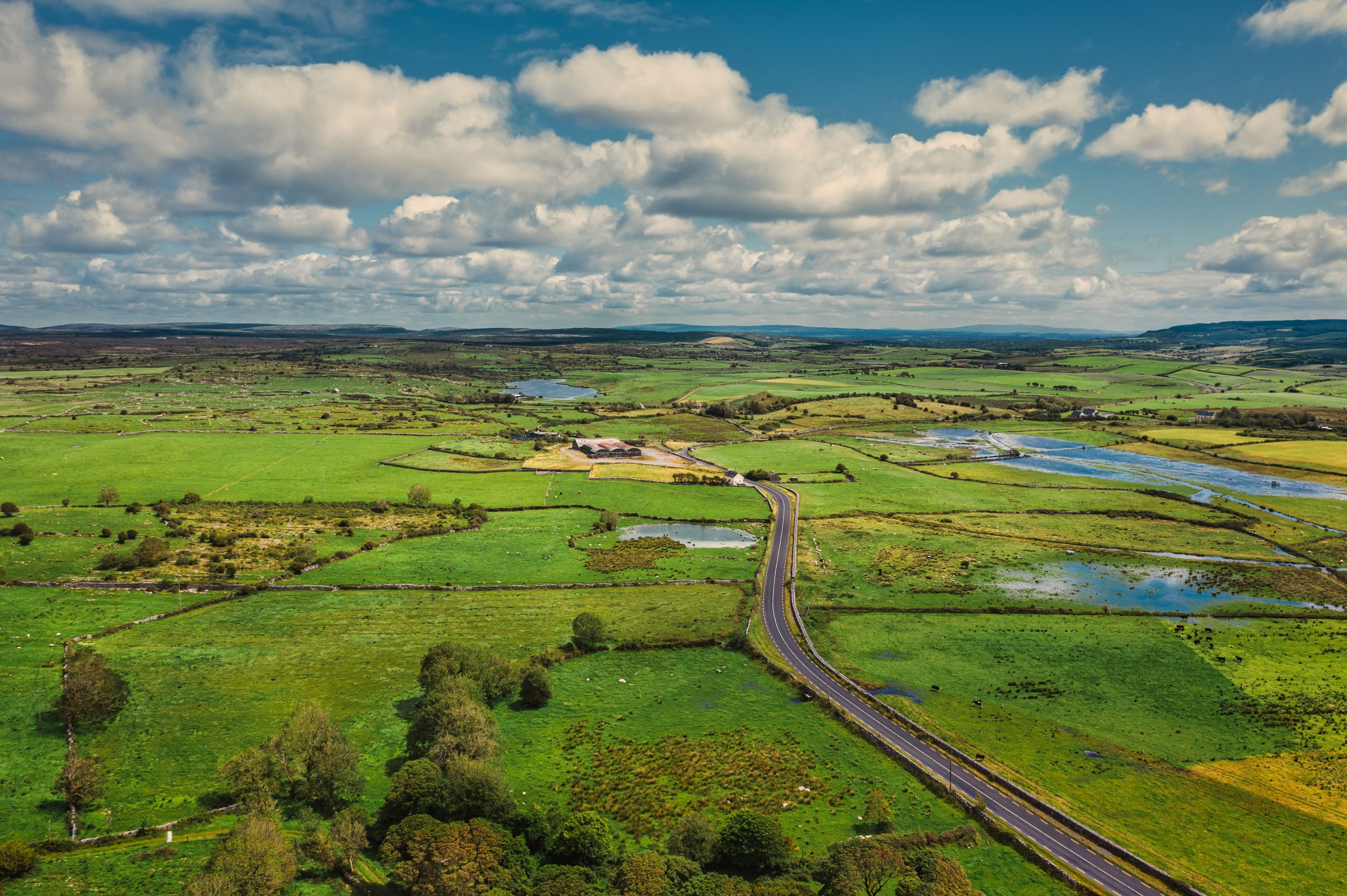 Aerial view of green farmland and a country road in rural County Roscommon