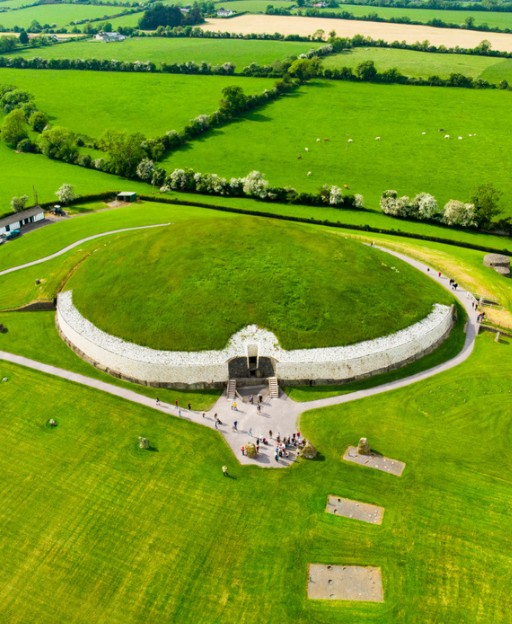 Aerial view of Newgrange passage tomb in County Meath, the mythological home of the Dagda