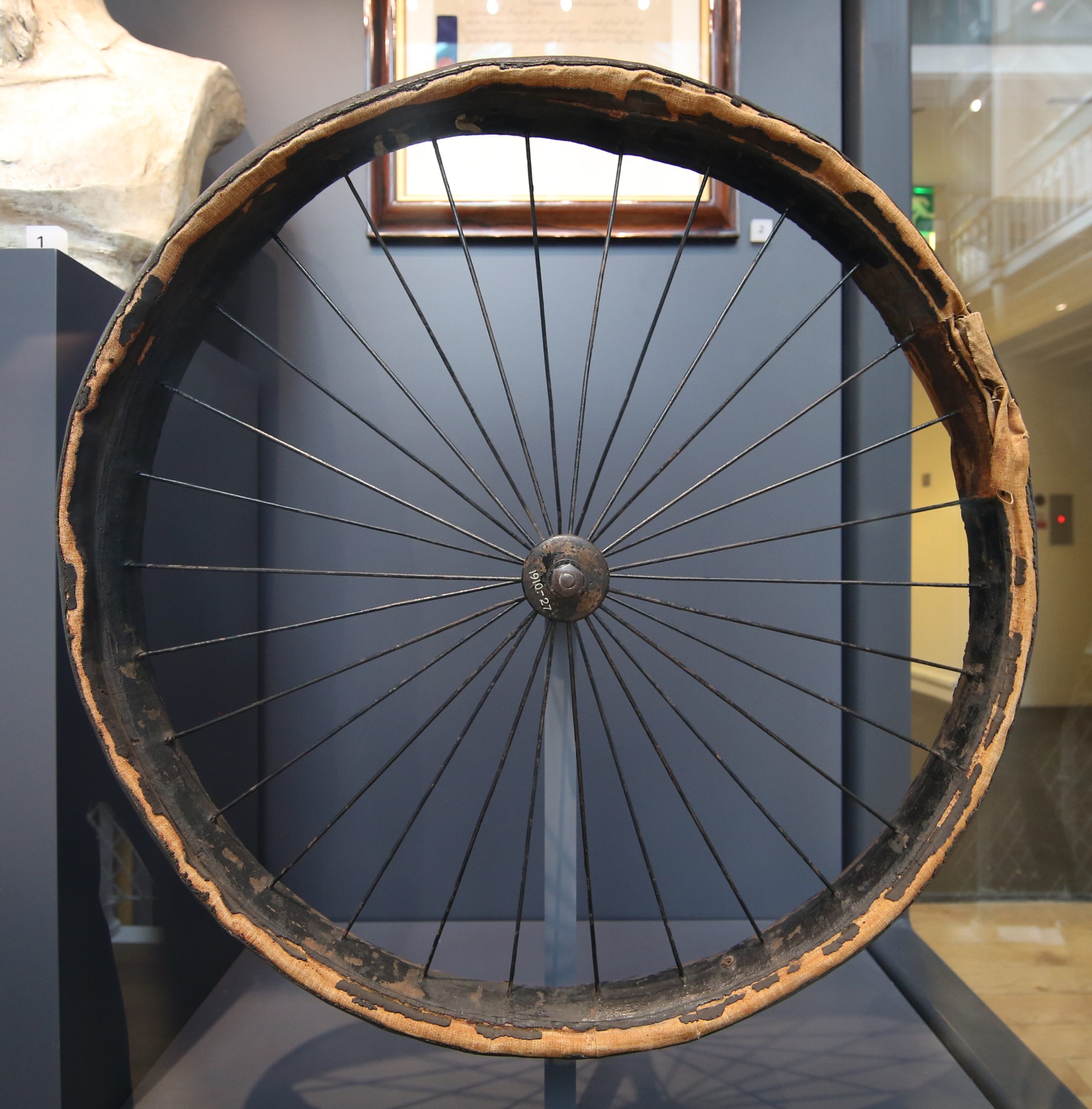 The first pneumatic bicycle tyre, developed by John Boyd Dunlop in Belfast, on display in a museum