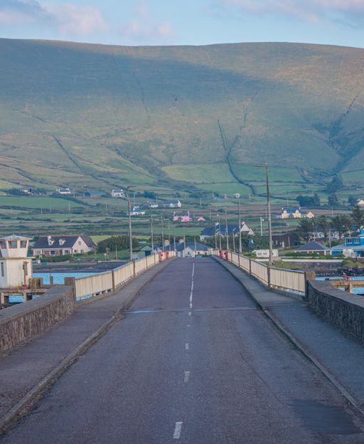 The road bridge from Portmagee to Valentia Island in County Kerry, Ireland, with the Iveragh Peninsula mountains behind