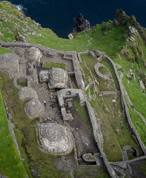 Aerial view of the ancient monastery complex on Skellig Michael, County Kerry, Ireland