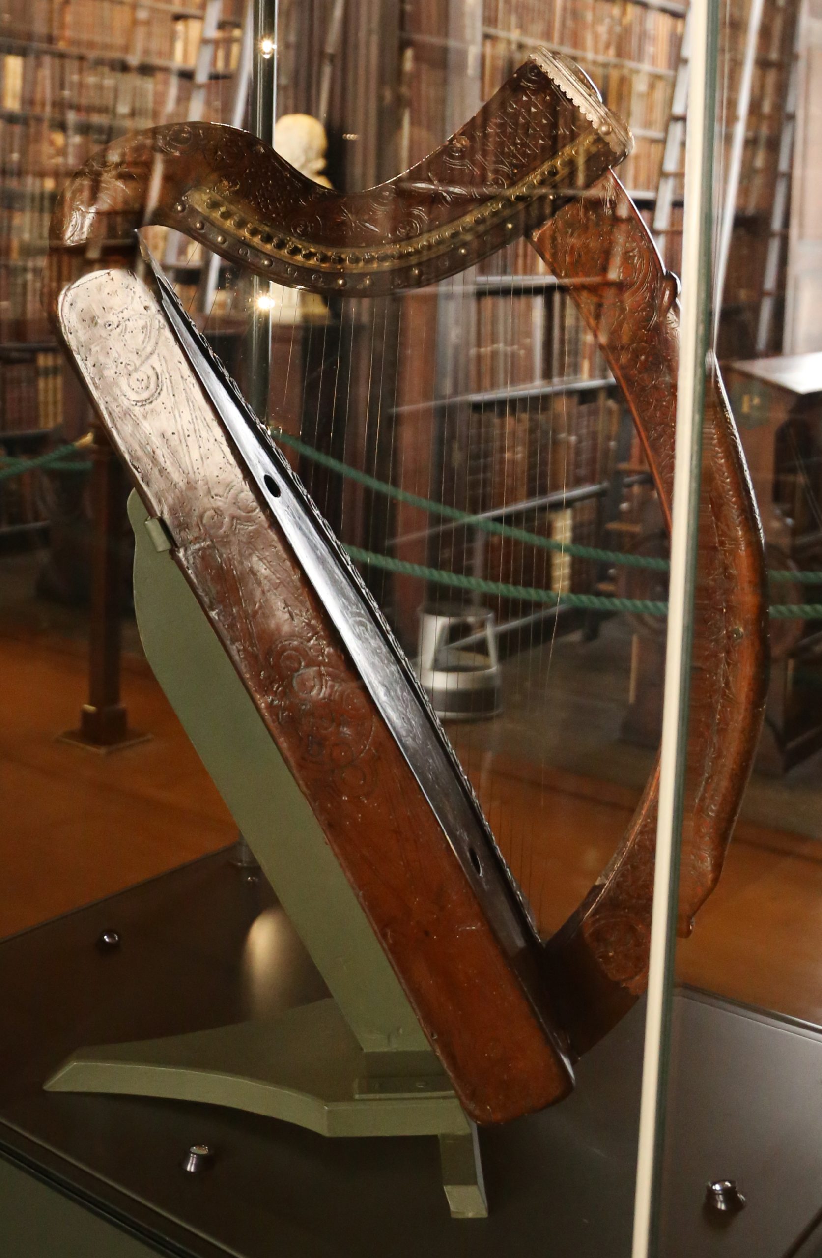 The medieval Trinity College harp, popularly called the Brian Boru harp, on display in the Long Room at Trinity College Dublin