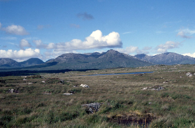 The Twelve Bens mountain range rising over Connemara's boglands and loughs on Ireland's west coast