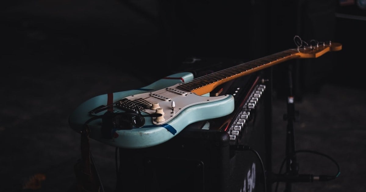 Electric guitar resting on an amplifier, evoking the live-music atmosphere of the Clonakilty Guitar Festival in West Cork