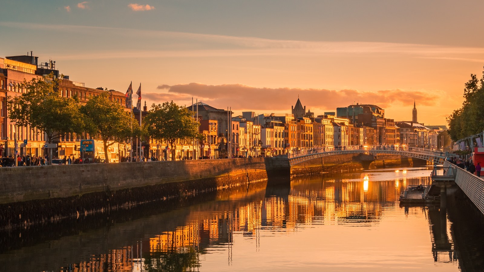 The River Liffey in Dublin at sunset, with the quays and the Ha'penny Bridge