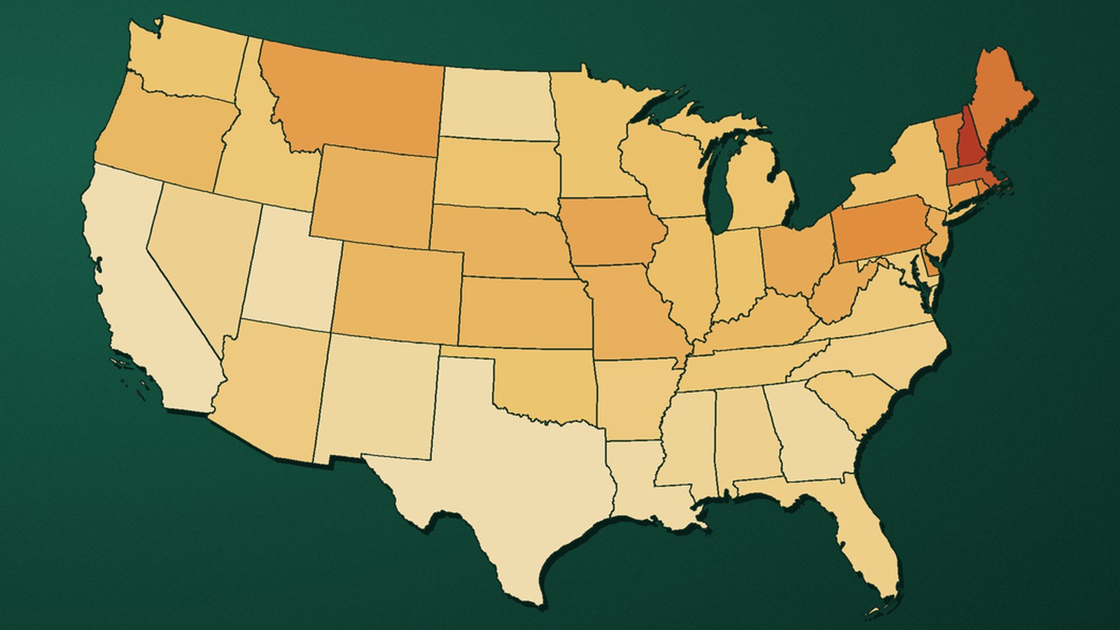 Map of the United States shaded by the share of people reporting Irish ancestry, darkest in New Hampshire and the rest of New England