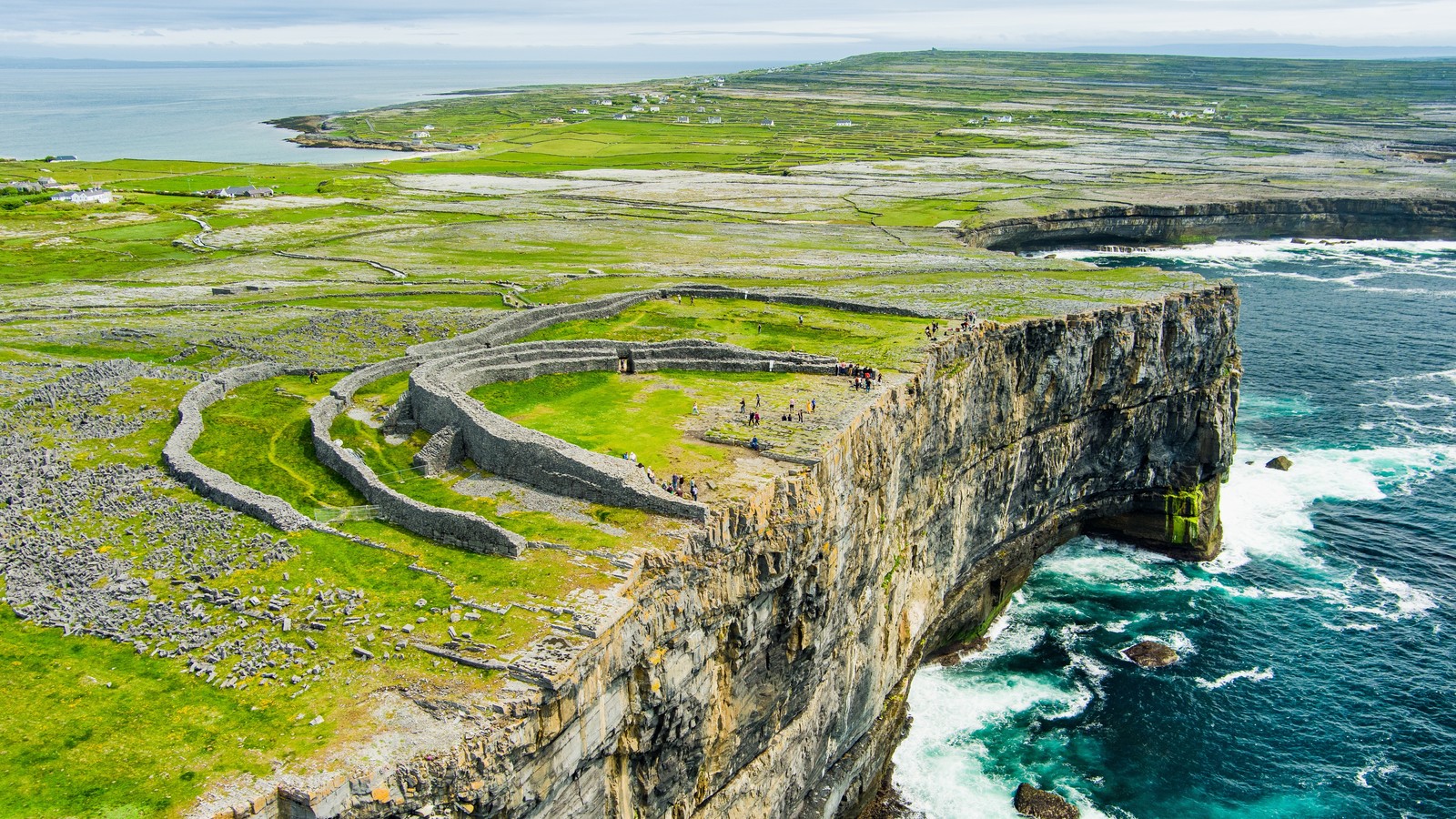 Aerial view of the stone fort of Dún Aonghasa above Atlantic cliffs on Inis Mór, County Galway