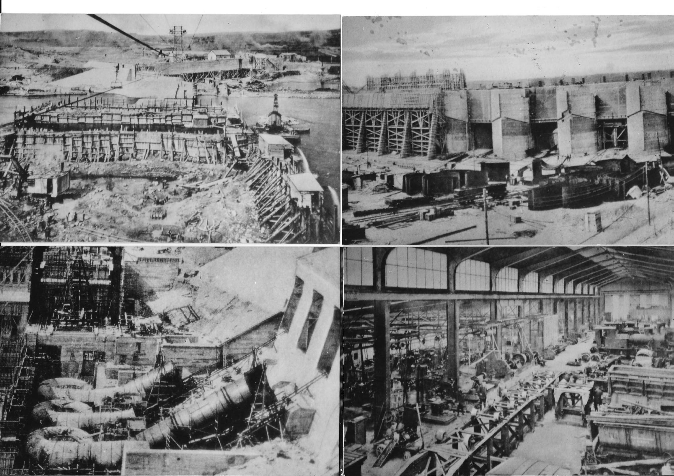 Black-and-white construction-era photographs of the Ardnacrusha works on the Shannon, showing the dam, turbine pipes and machine hall