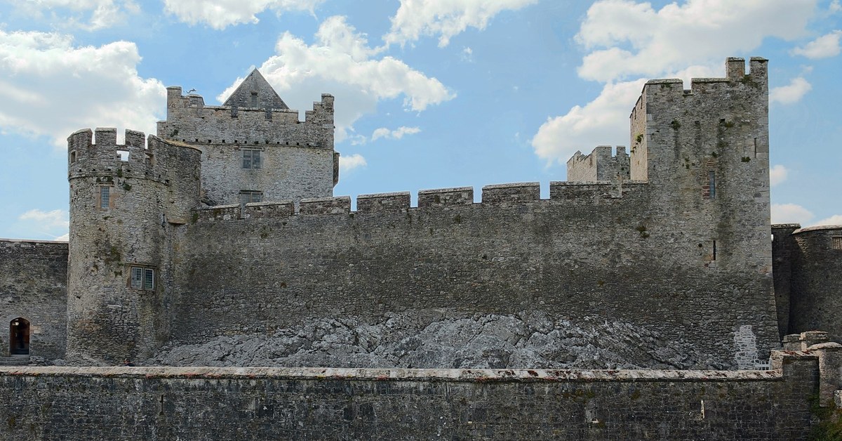 Cahir Castle walls and towers beside the River Suir, County Tipperary