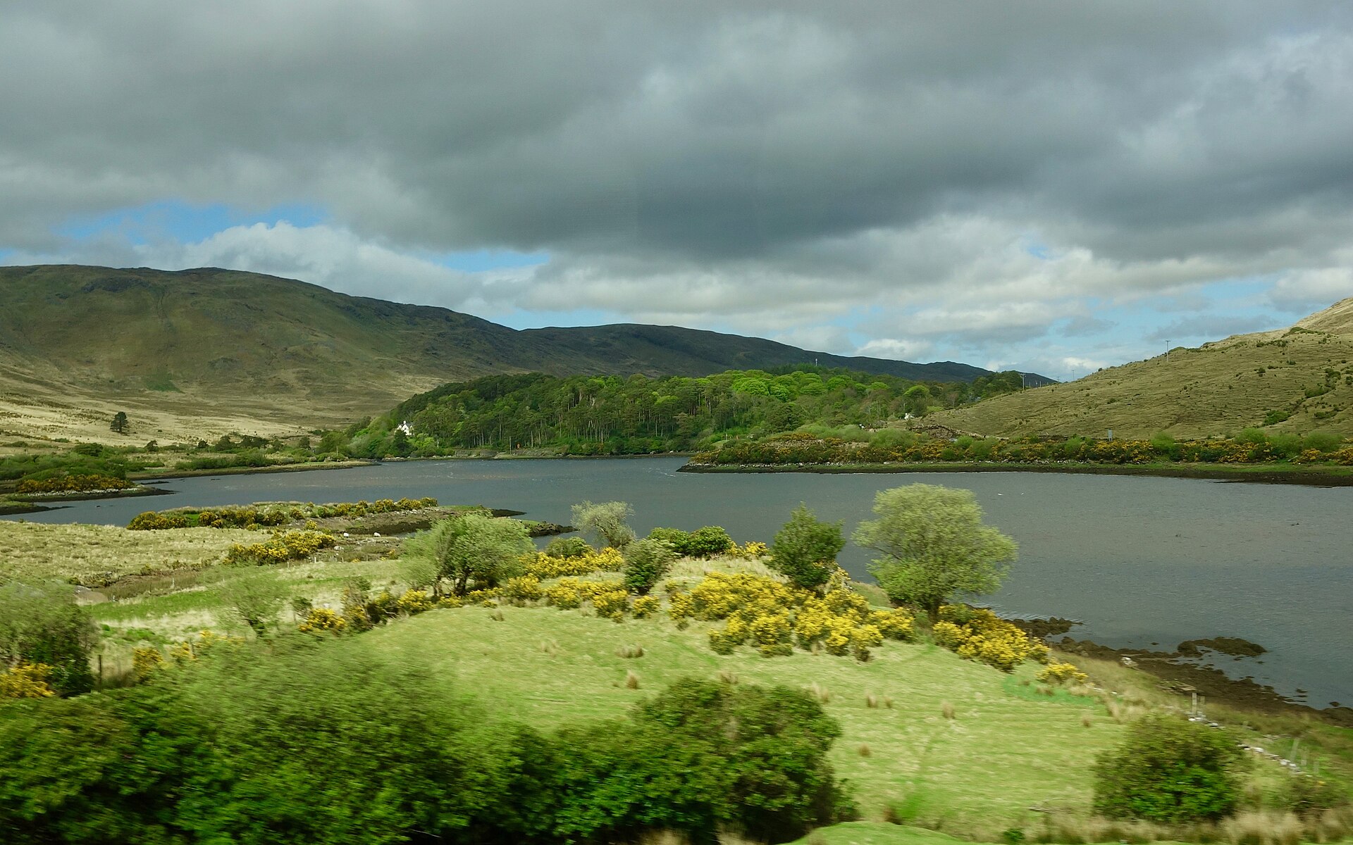 Lake, gorse-lined shoreline and green hills under a broken cloudy sky in Connemara, County Galway