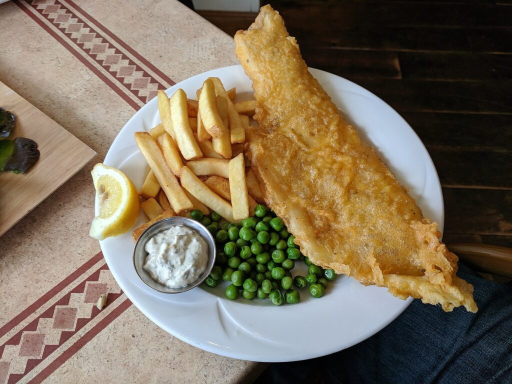 Fish and chips with peas