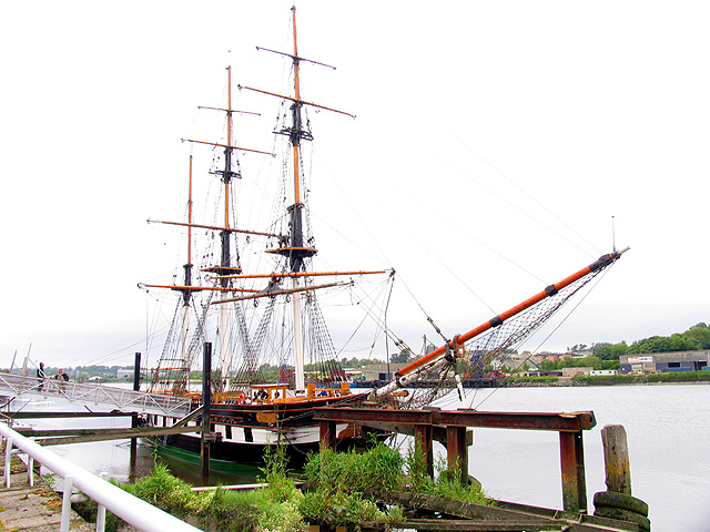 Full-scale replica of the Dunbrody Famine Ship docked at the quay in New Ross, County Wexford, the vessel that carried Famine-era emigrants to America