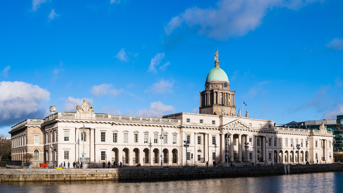 The Custom House on the River Liffey in Dublin under a blue sky