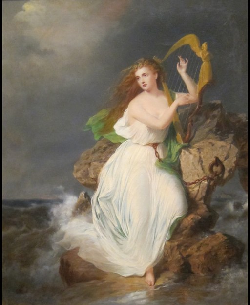 Erin, the personification of Ireland, seated on a rock by the sea with a harp, in an 1867 oil painting