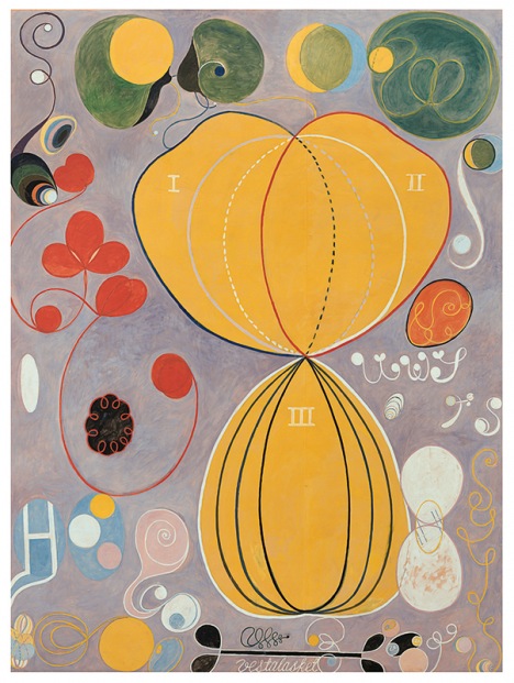 Hilma af Klint's The Ten Largest, No. 7, Group IV (1907), a large golden abstract painting with flower-like forms