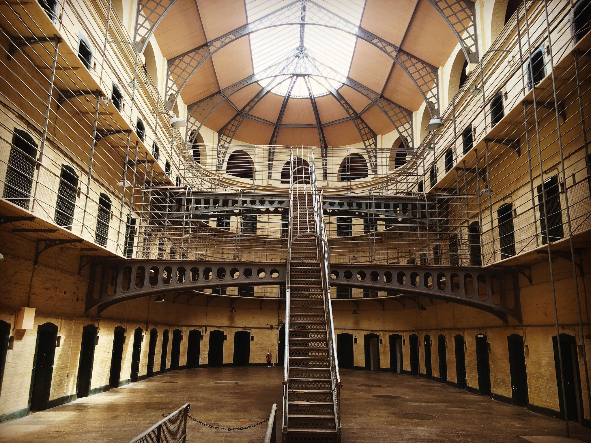 The Victorian east wing of Kilmainham Gaol, Dublin, with its iron stairs, walkways and skylight