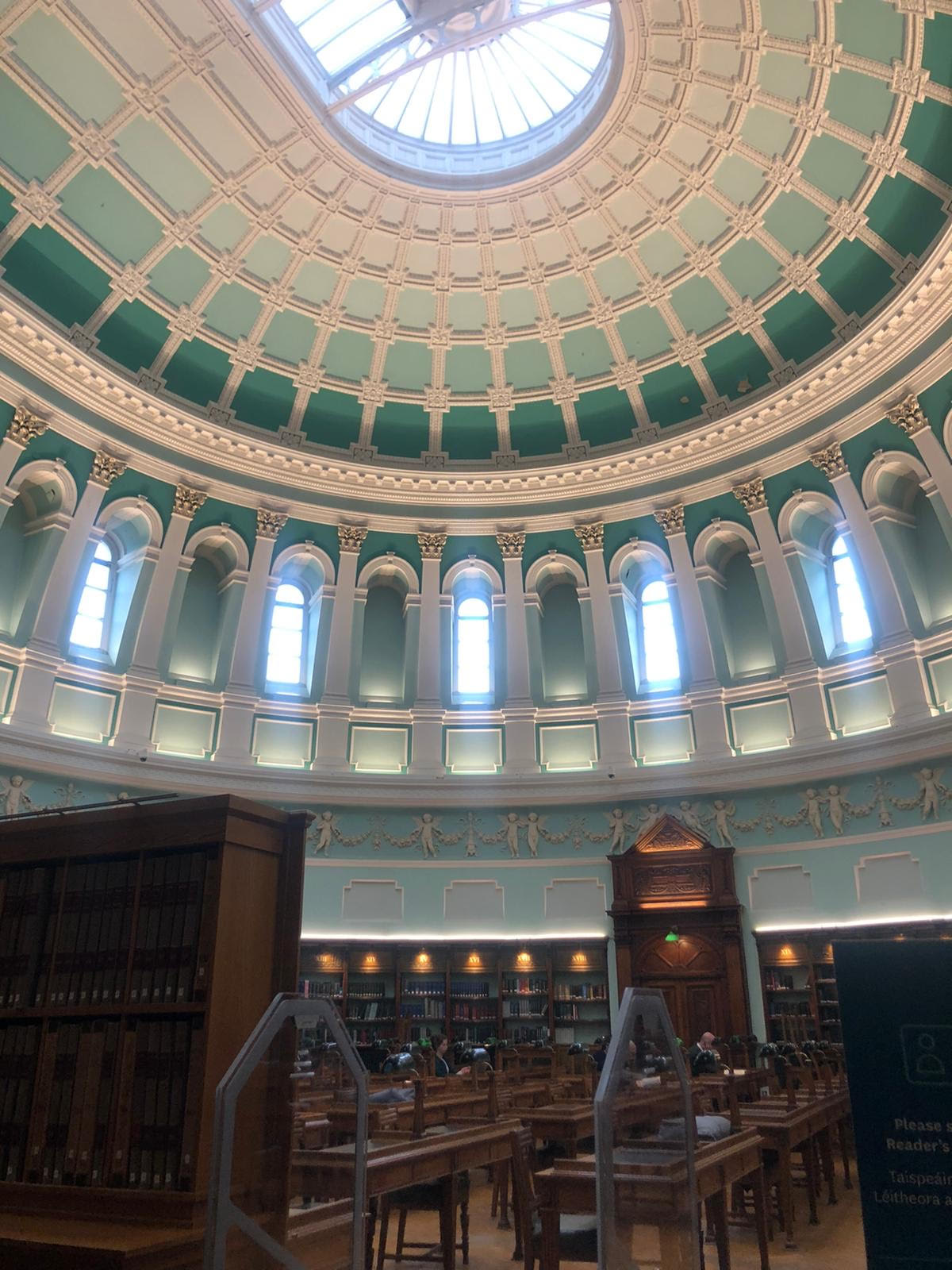 The green-and-white dome and reading desks of the Reading Room at the National Library of Ireland, Kildare Street, Dublin