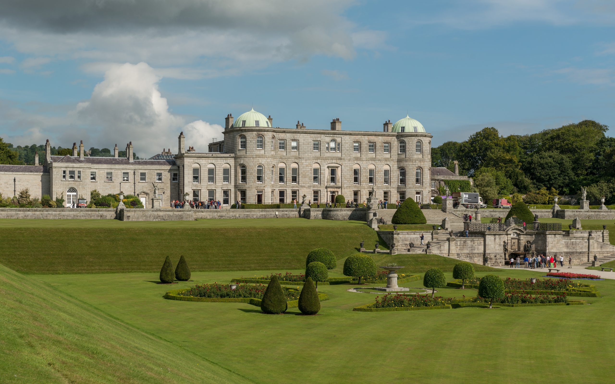 Powerscourt House, the 18th-century Palladian mansion in Enniskerry, Co. Wicklow, seen from the Italian Garden terraces