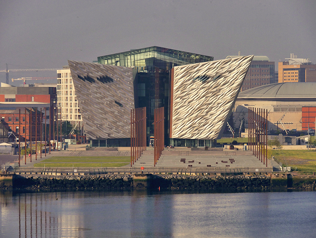 Titanic Belfast museum's angular silver facade overlooking the harbour, a popular rainy-day indoor attraction