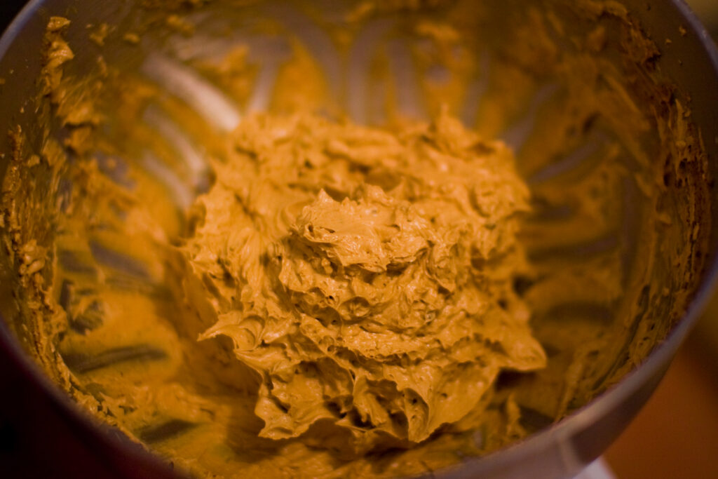 Whipped brandy butter in a mixing bowl