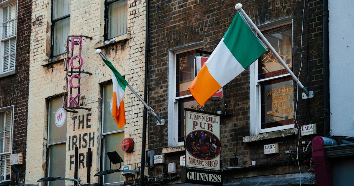 Traditional Dublin pub exterior — McNeill’s on Capel Street, with tricolour flags and pub signage
